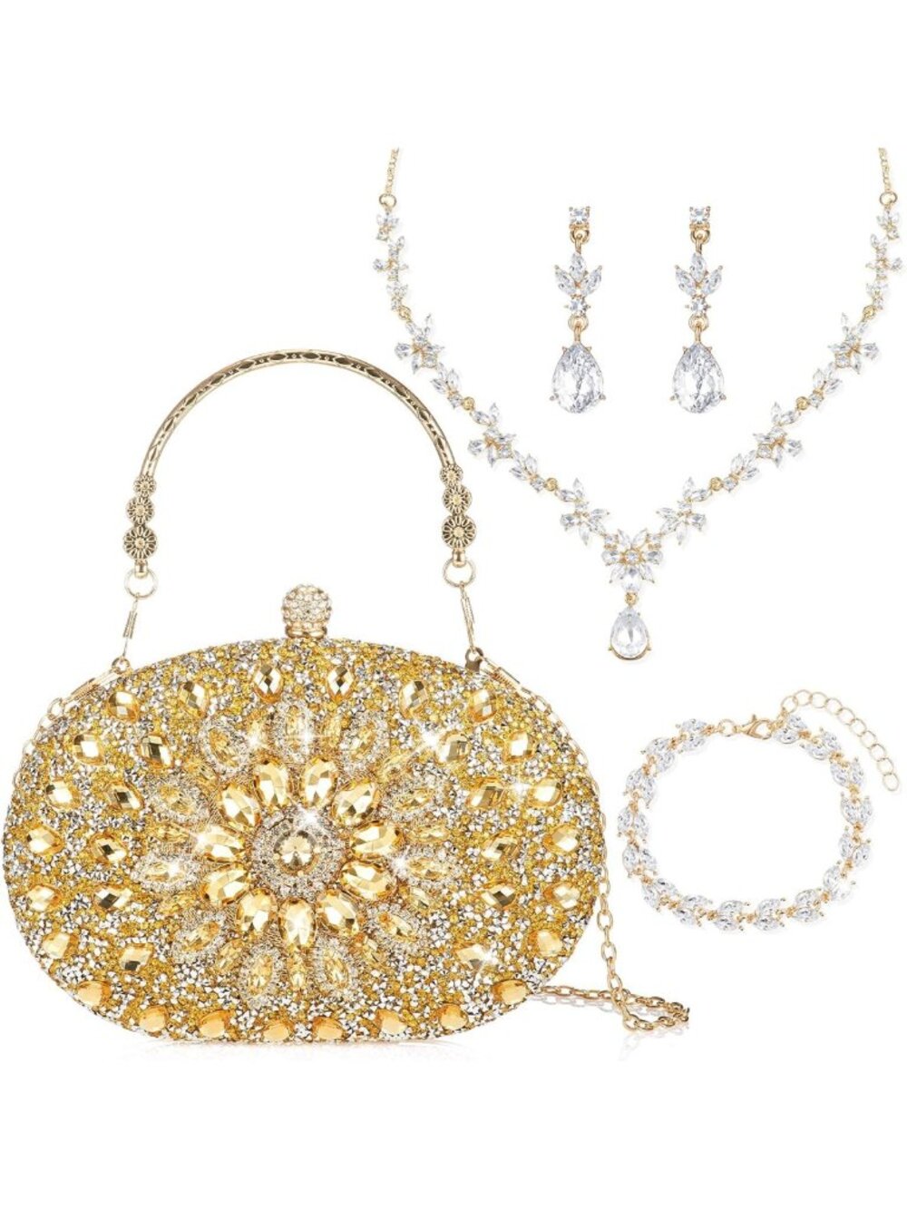 Glamorous 4-Piece Rhinestone Jewelry Set with Stylish Clutch Bag - Perfect for
